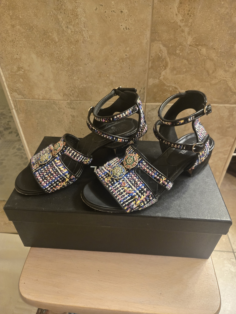 CHANEL Multicolor Tweed Ankle Strap Block Heel Sandals